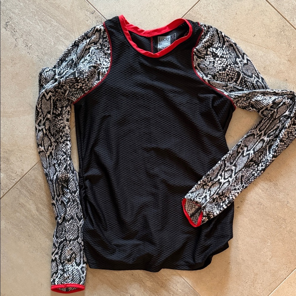 Lucky in Love Black Top with Red/ Snake Skin Patterned Sleeves
